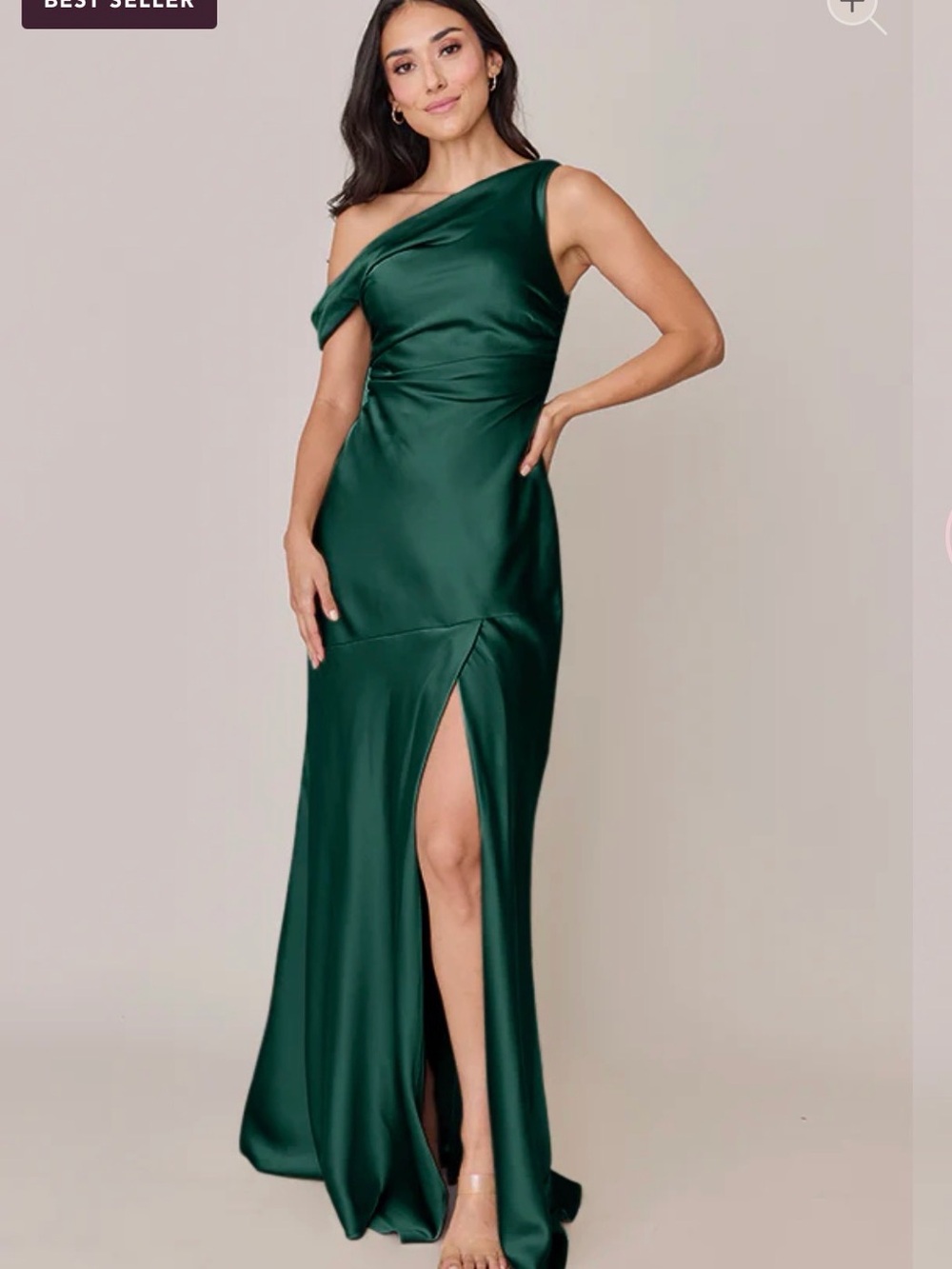 One-Shoulder Emerald Green Satin Evening Gown - Livvy Revelry